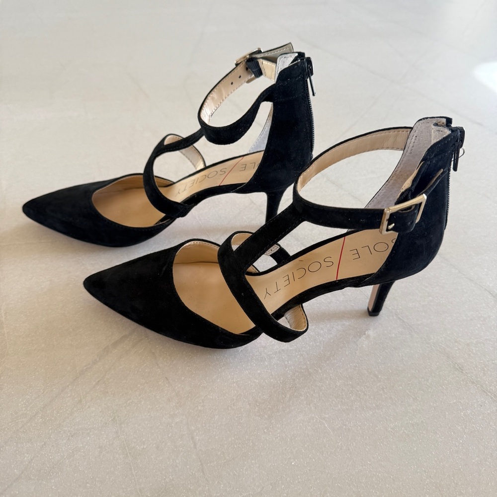 Sole Society Edelyn Black Suede Pointed Toe Heels Ankle Strap Womens Size 6 - Picture 7 of 11